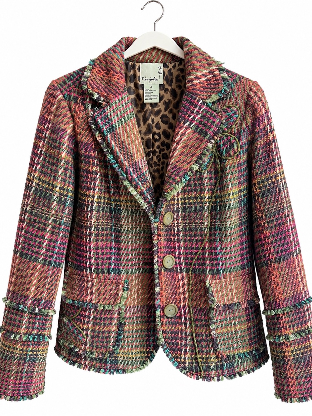 Tres Jolie Accessories Multicolor Tweed Plaid Blazer Jacket with flower -Size 6